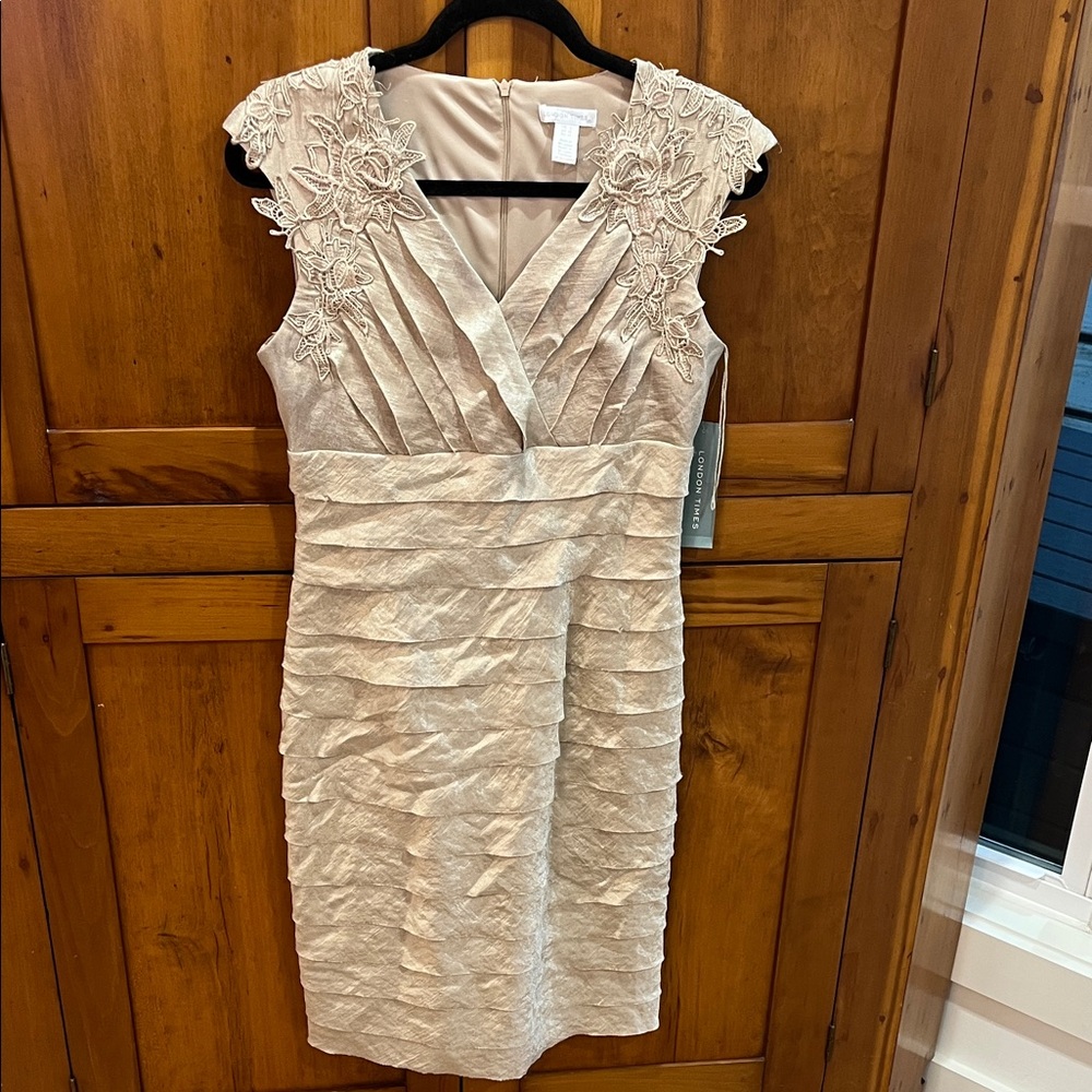London Times Floral Embroidered Midi Dress in “Sand Dollar” Color